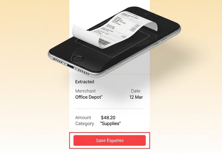 FoxIn expenses screen showing scanned receipts categorised for end-of-month review