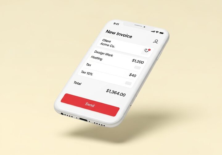 FoxIn invoice showing a design project milestone invoice with line items