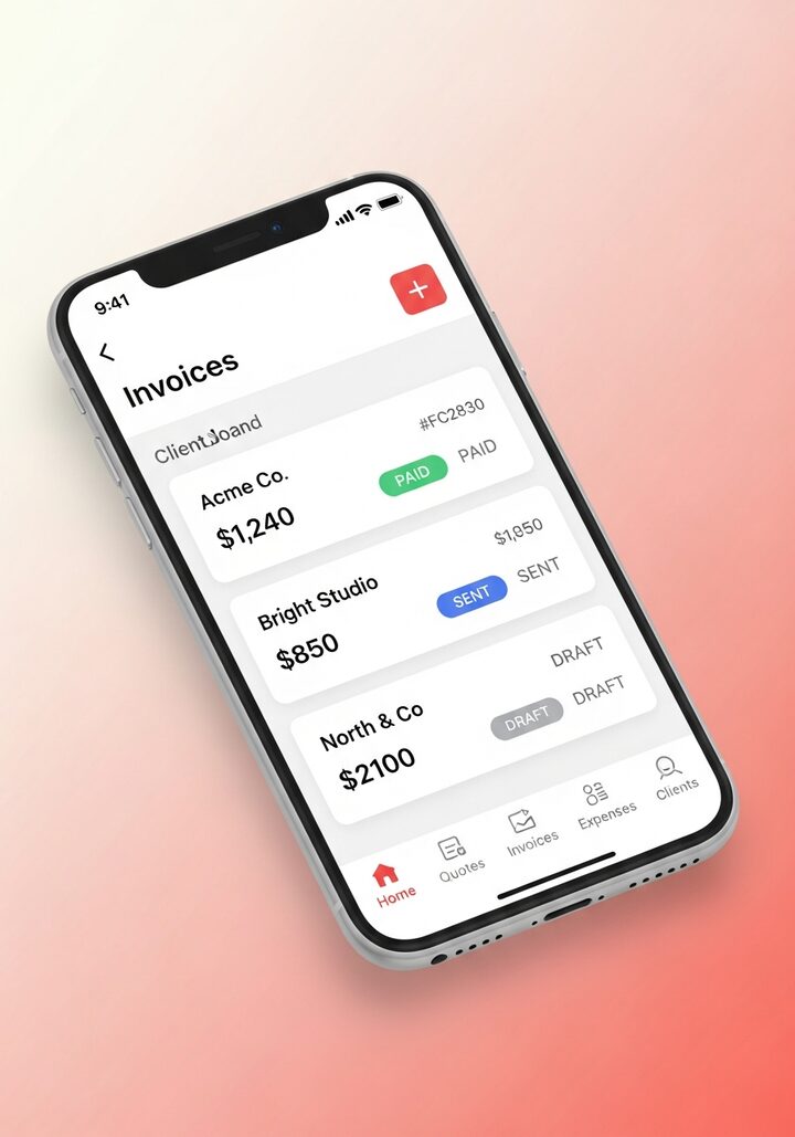 FoxIn invoicing app on a smartphone with a list of invoices and status pills