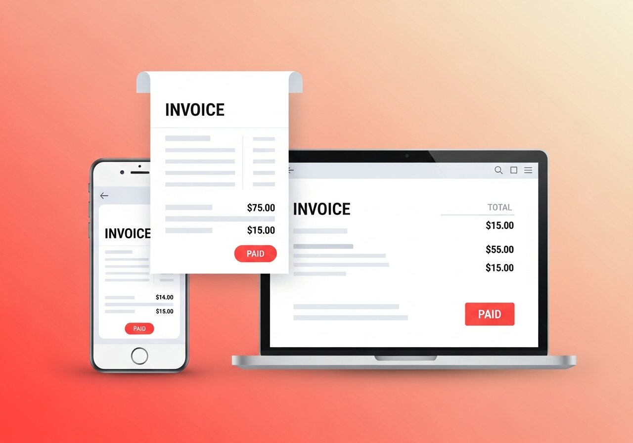 Illustration of an invoice document with a phone and laptop showing the FoxIn invoicing app marked as paid